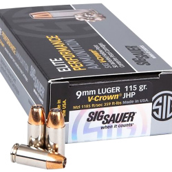 Sig Sauer E9MMA1COMP50 Match Elite Competition  9mmLuger 115gr V-Crown Jacketed Hollow Point 50 Per Box/20 Case