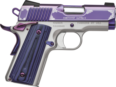 Kimber Mfg, Inc 3200319 Ultra II  9mm Luger 8+1 3″ Stainless Match Grade Barrel, Engraved Purple Amethyst PVD Serrated Stainless Steel Slide, Satin Silver Aluminum Frame w/Beavertail, G10 Grip