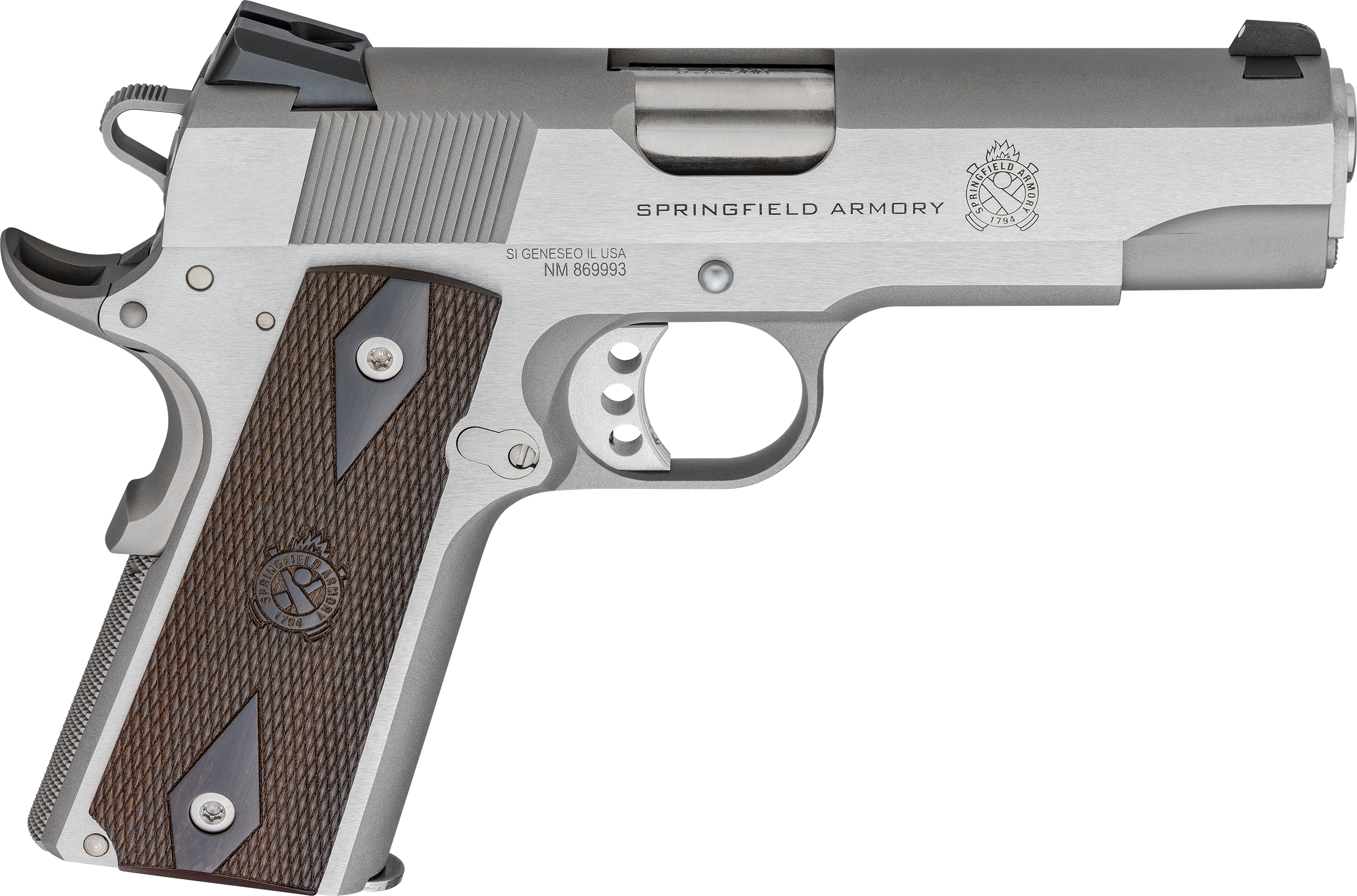Springfield Armory PX9417S 1911 Garrison 9mm Luger 9+1 4.25″ Stainless Match Grade Barrel, Serrated Stainless Steel Slide & Frame w/Beavertail, Thinline Wood Grip