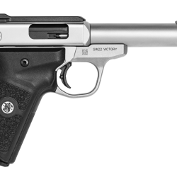 Smith & Wesson 11536 SW Victory Target *MA Compliant 22 LR  5.50″ Bull Barrel 10+1,   Stainless Steel Barrel, Slide, &  Frame, Black Polymer Grip with Integrated Target Thumb Rest, Manual Safety