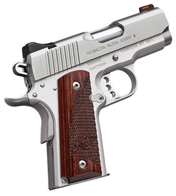 Kimber Mfg, Inc 3200329 Ultra Carry II  9mm Luger 8+1 3″ Stainless Match Grade Barrel, Satin Silver Serrated Stainless Steel Slide, Satin Silver Aluminum Frame w/Beavertail, Rosewood Grip
