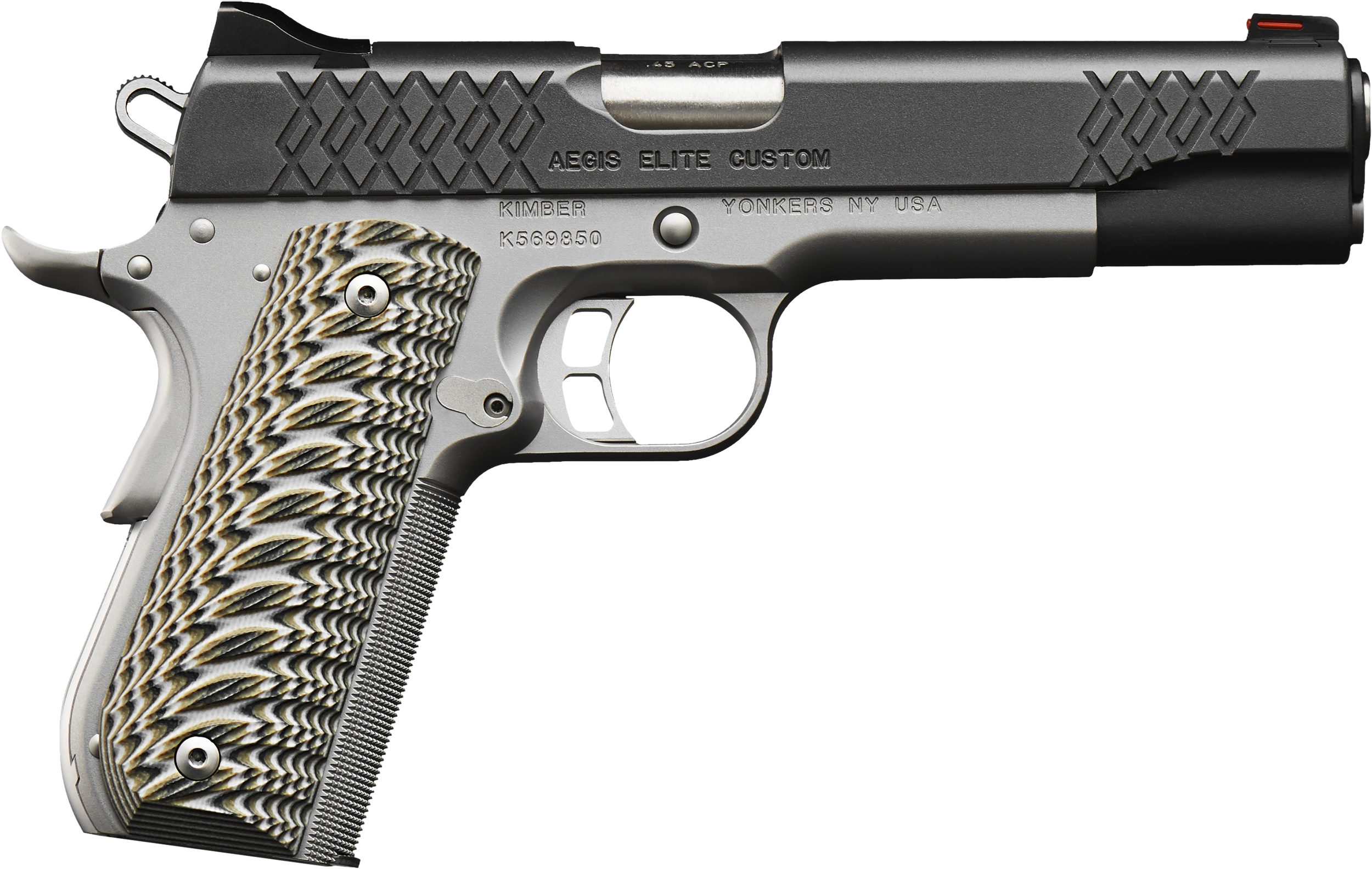 Kimber Mfg, Inc 3000351 Aegis Elite Custom 45 ACP 8+1 5″ Stainless Match Grade Barrel, KimPro II Black Serrated Stainless Steel Slide, Satin Silver Stainless Steel Frame w/Beavertail, G10 Grip