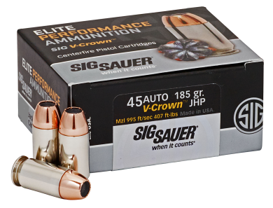 Sig Sauer E45AP050 Elite Performance  45ACP 185gr V-Crown Jacketed Hollow Point 50 Per Box/10 Case