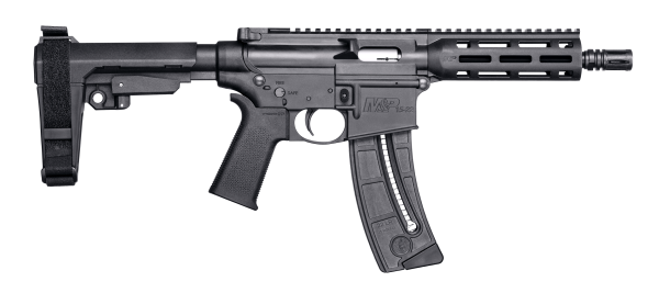 Smith & Wesson 13321 M&P15  Pistol 22 LR 8″ Black Carbon Steel Barrel 25+1, Black SB Tactical SBA3 Adjustable Arm Brace Stock, Black Magpul MOE Grip, Manual Safety, Optics Ready