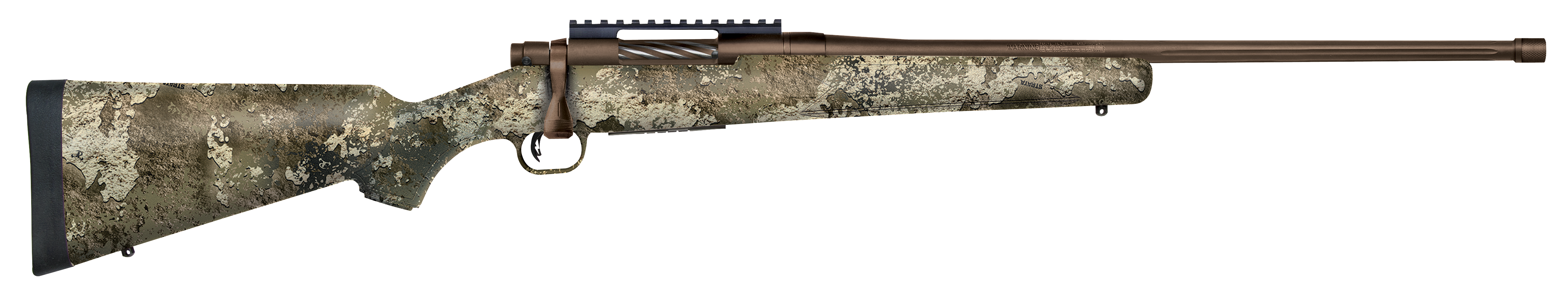 Mossberg 28044 Patriot Predator 243 Win 5+1 22″ Patriot Brown Cerakote 4.49″ Fluted Barrel Patriot Brown Cerakote Steel TrueTimber Strata Right Hand