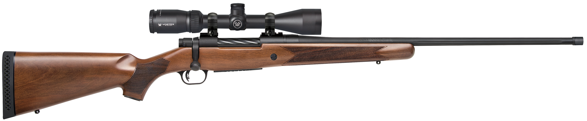Mossberg 28240 Patriot w/Optic 7mm PRC 3+1 24″ Matte Blued Fluted Threaded Barrel, Matte Blued Drilled & Tapped Receiver, Fixed Walnut Stock, Vortex Crossfire II 3-9x40mm
