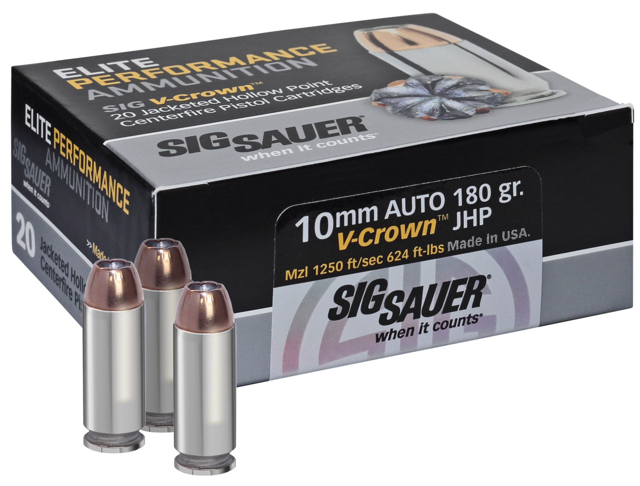 Sig Sauer E10MM120 Elite Performance  10mmAuto 180gr V-Crown Jacketed Hollow Point 20 Per Box/10 Case