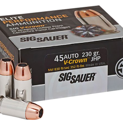 Sig Sauer E45AP220 Elite Performance  45ACP 230gr V-Crown Jacketed Hollow Point 20 Per Box/10 Case