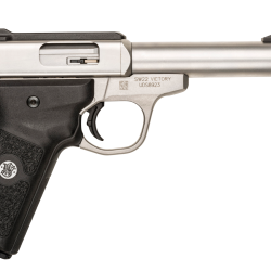 Smith & Wesson 10201 SW22 Victory Full Size Frame 22 LR 10+1, 5.50″ Satin Stainless Steel Threaded Barrel, Slide & Frame, Black Textured Grip, Thumb Safety