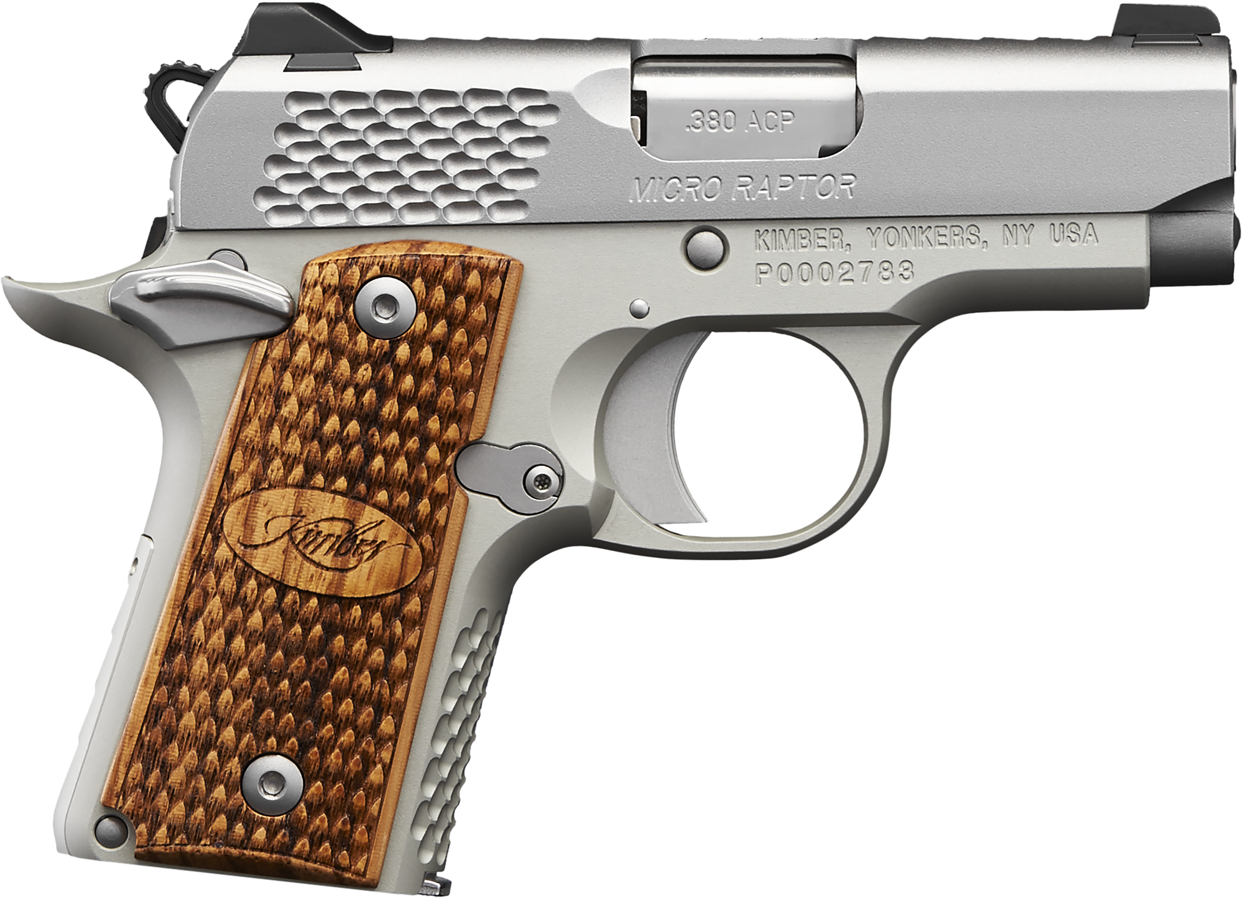 Kimber Mfg, Inc 3300084 Micro Raptor Micro Frame 380 ACP 7+1 2.75″ Stainless Match Grade Barrel, Satin Silver Serrated Stainless Steel Slide, KimPro Silver Aluminum Frame w/Beavertail Zebrawood Grip