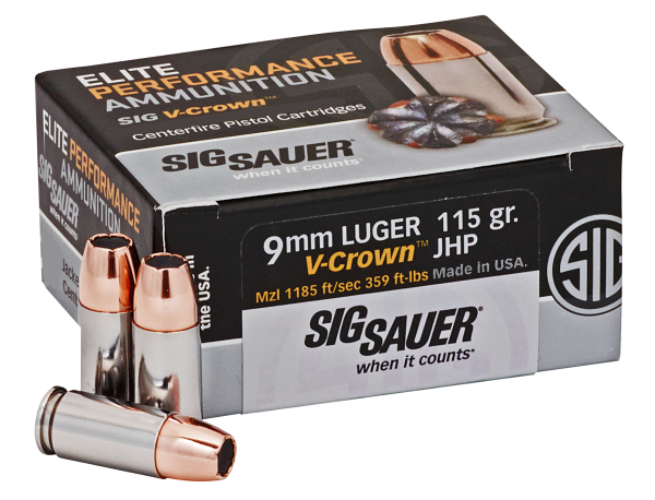 Sig Sauer E9MMA150 Elite Performance  9mmLuger 115gr V-Crown Jacketed Hollow Point 50 Per Box/10 Case