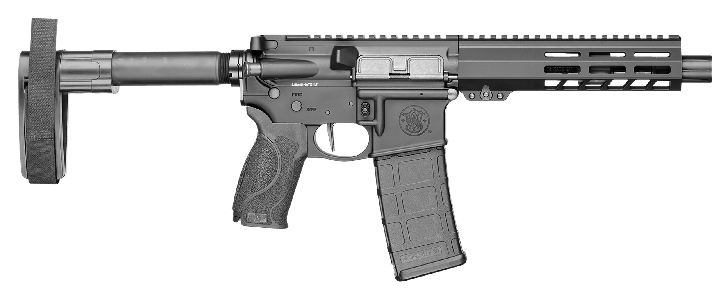 Smith & Wesson 13658 M&P15  223 / 5.56 NATO 7.50″ Armornite Barrel 30+1, Fixed Arm Brace, Black Interchangeable Palmswell Grip Inserts, Manual Safety, Straight Buffer Tube, Optics Ready