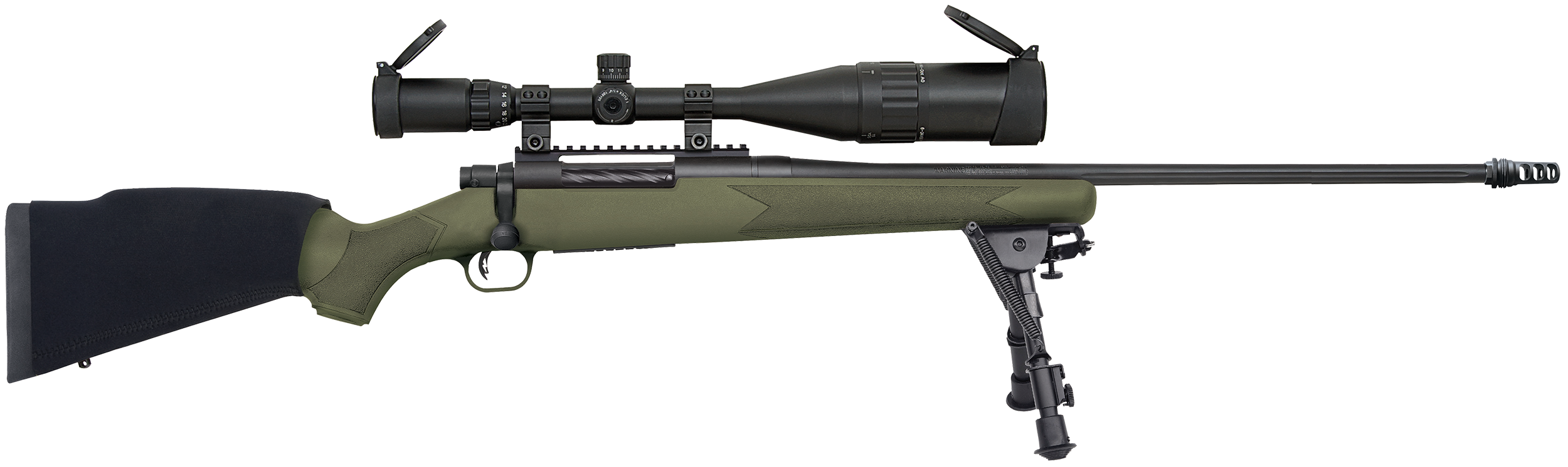 Mossberg 28122 Patriot Night Train 300 Win Mag Caliber with 3+1 Capacity, 24″ Barrel, Matte Blued Metal Finish, OD Green Stock Right Hand Includes 6-24x50mm Scope & Bipod
