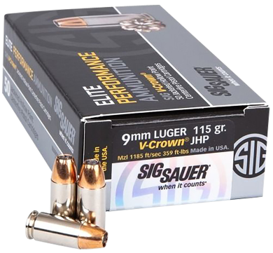 Sig Sauer E9MMA1COMP50 Match Elite Competition  9mmLuger 115gr V-Crown Jacketed Hollow Point 50 Per Box/20 Case