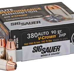Sig Sauer E380A150 Elite Performance  380ACP 90gr V-Crown Jacketed Hollow Point 50 Per Box/10 Case