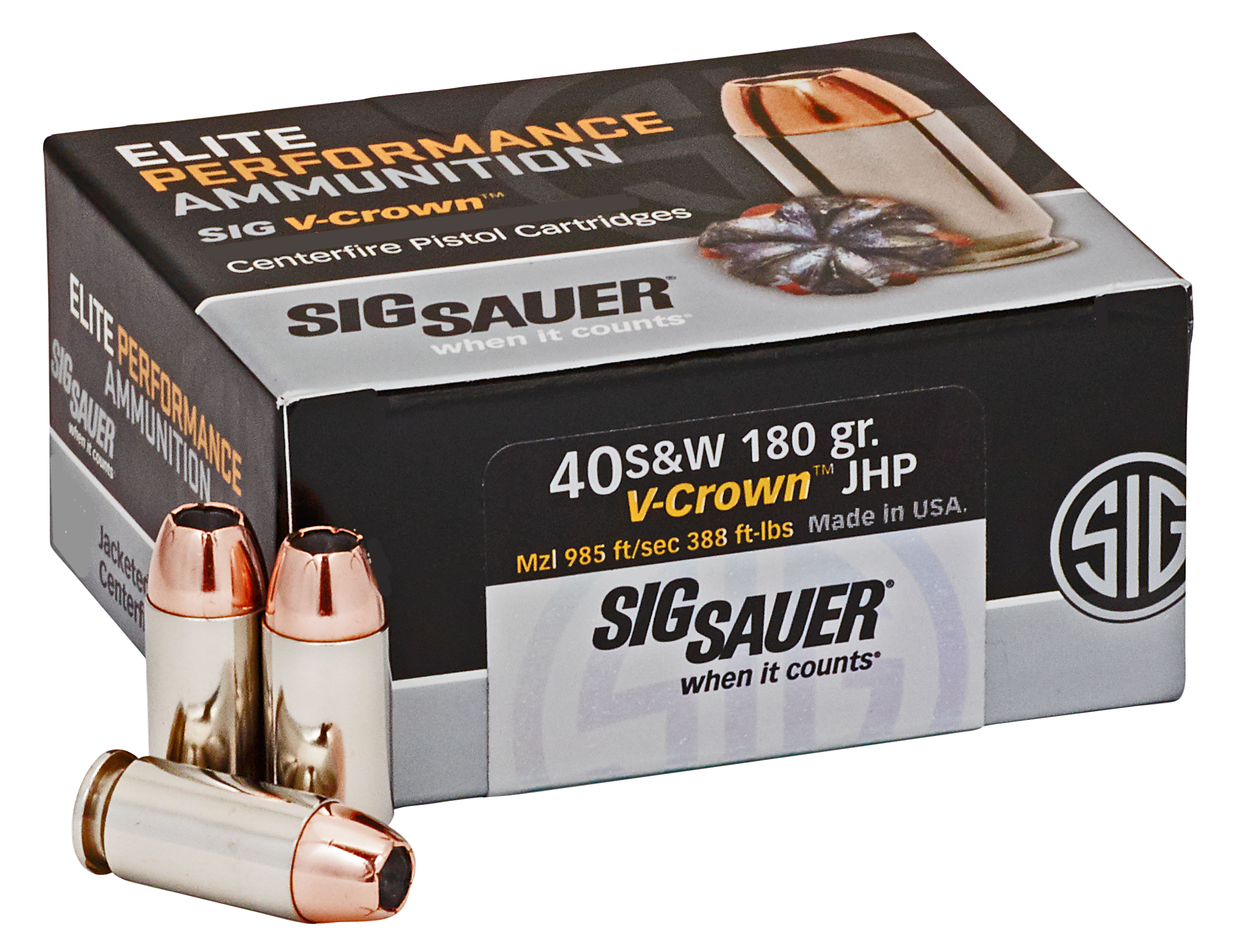 Sig Sauer E40SW250 Elite Performance  40S&W 180gr V-Crown Jacketed Hollow Point 50 Per Box/10 Case