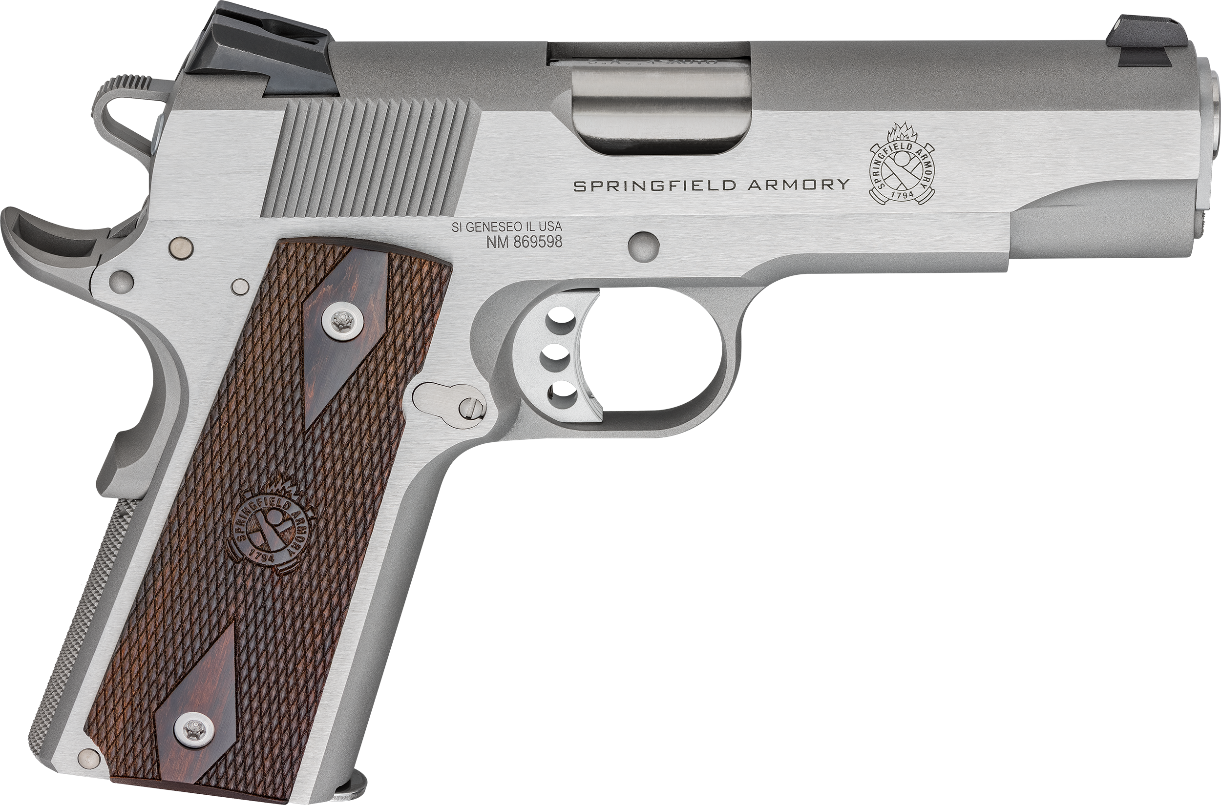 Springfield Armory PX9418S 1911 Garrison 45 ACP 7+1 4.25″ Stainless Match Grade Barrel, Serrated Stainless Steel Slide & Frame w/Beavertail, Thinline Wood Grip