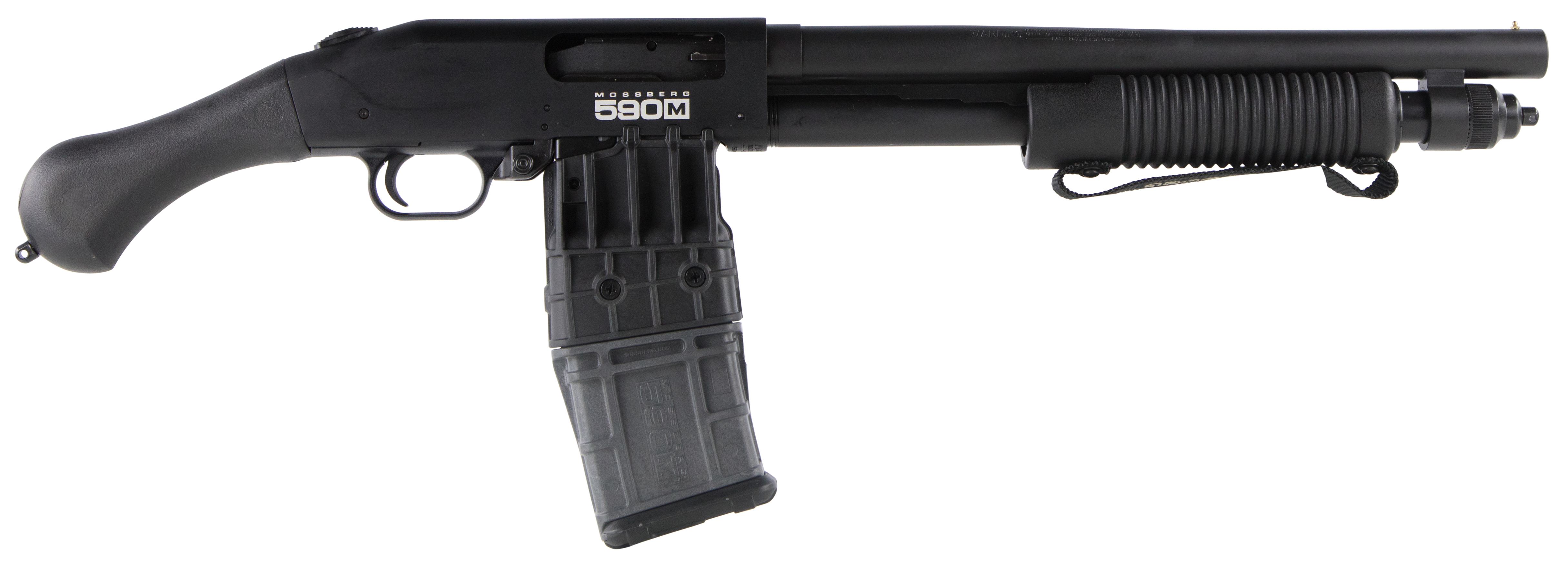 Mossberg 50208 590M Shockwave 12 Gauge 10+1 Mag-Fed 2.75″ 15″ Heavy Barrel, Blued Metal Finish, Drilled & Tapped Receiver, Corncob Forend w/Strap, Raptor Birdshead Grip Stock