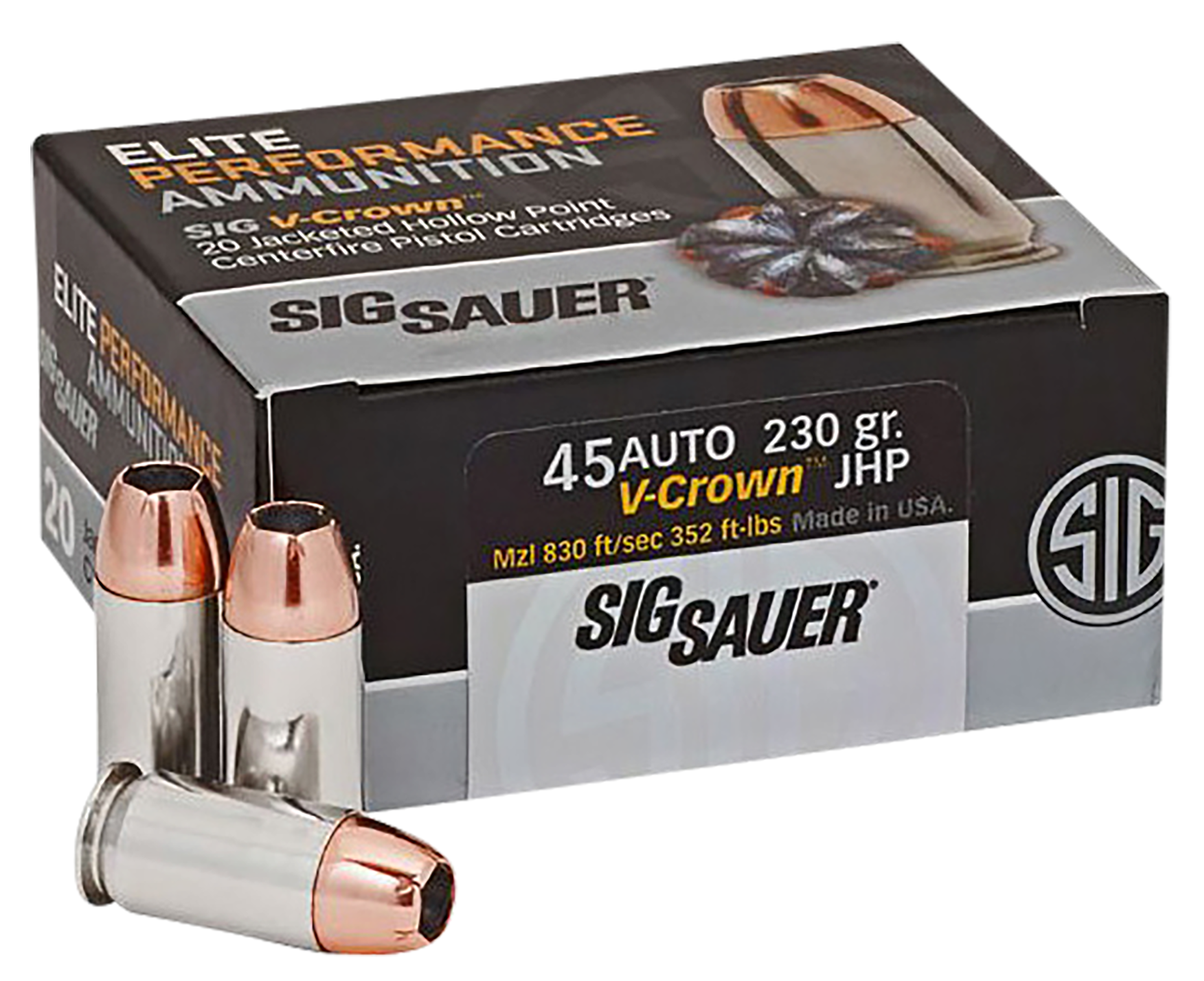 Sig Sauer E45AP220 Elite Performance  45ACP 230gr V-Crown Jacketed Hollow Point 20 Per Box/10 Case