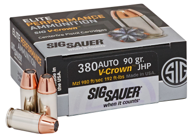 Sig Sauer E380A150 Elite Performance  380ACP 90gr V-Crown Jacketed Hollow Point 50 Per Box/10 Case