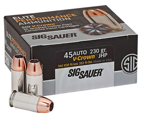 Sig Sauer E45AP220 Elite Performance  45ACP 230gr V-Crown Jacketed Hollow Point 20 Per Box/10 Case