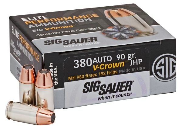 Sig Sauer E380A150 Elite Performance  380ACP 90gr V-Crown Jacketed Hollow Point 50 Per Box/10 Case