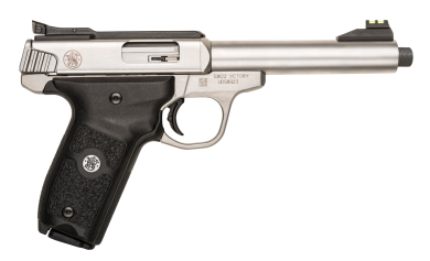Smith & Wesson 10201 SW22 Victory Full Size Frame 22 LR 10+1, 5.50″ Satin Stainless Steel Threaded Barrel, Slide & Frame, Black Textured Grip, Thumb Safety