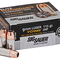 Sig Sauer E9MMA150 Elite Performance  9mmLuger 115gr V-Crown Jacketed Hollow Point 50 Per Box/10 Case