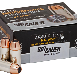Sig Sauer E45AP050 Elite Performance  45ACP 185gr V-Crown Jacketed Hollow Point 50 Per Box/10 Case